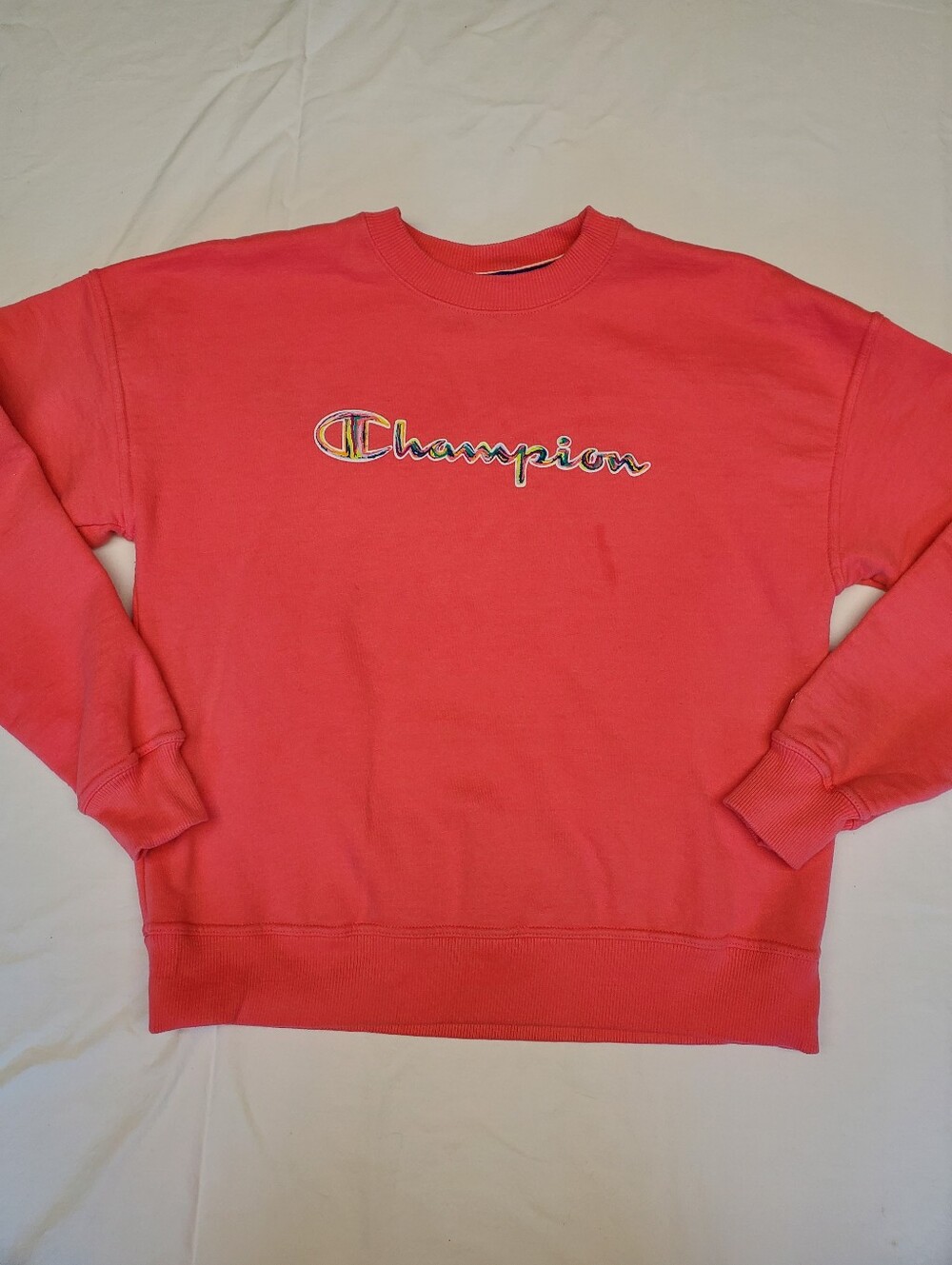 Champion Women's XS Coral Crewneck Sweatshirt Rainbow Marble Script Logo Boxy